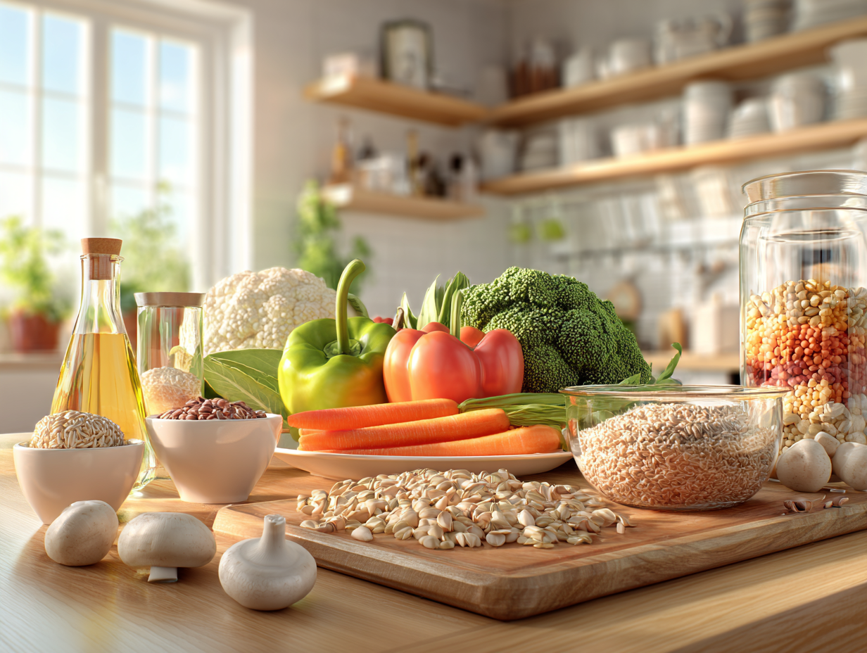 Mesa con variedad de alimentos frescos y coloridos para una alimentación equilibrada
