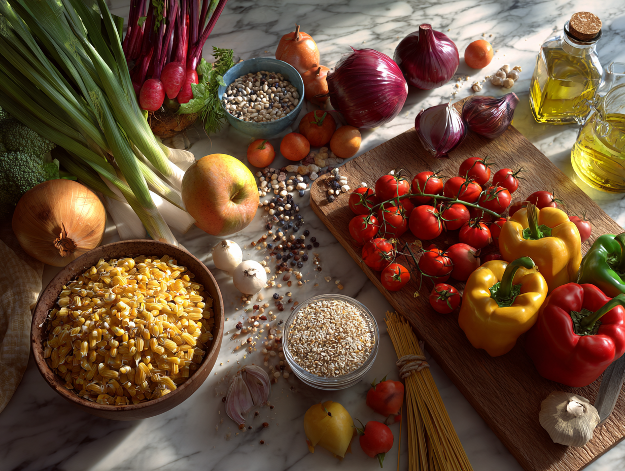 Variedad de ingredientes frescos organizados para preparación de comidas saludables